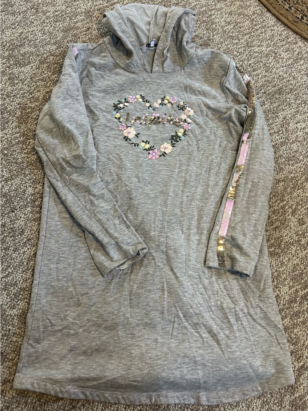 George Grey Hoodie Dress with Floral Heart and Sequin Sleeve
